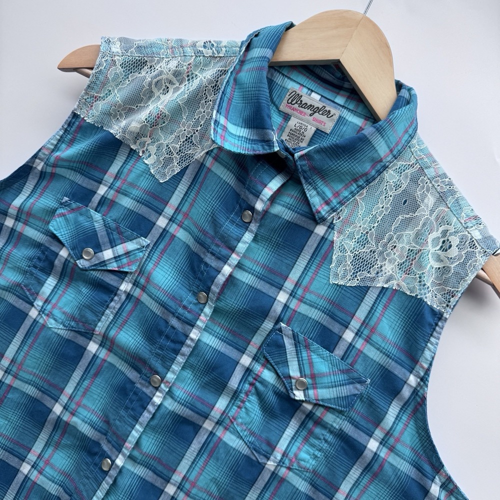 Wrangler Wrancher Shirt Womens Large Blue Pink Plaid Lace Pearl Snap Sleeveless